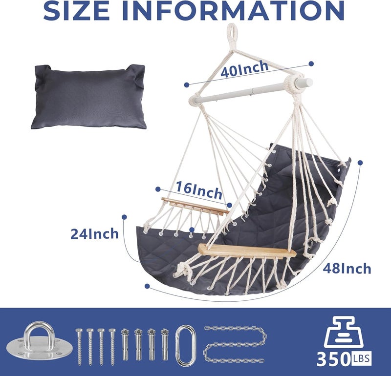 ROOITY Hammock Chair Hanging Swing with Wooden Armrests;Steel Spreader Bar,Pillows,Hardware kit Included;Cotton Woven Fabric;Up to 350 Lbs,for Indoor or Outdoor - Image 3
